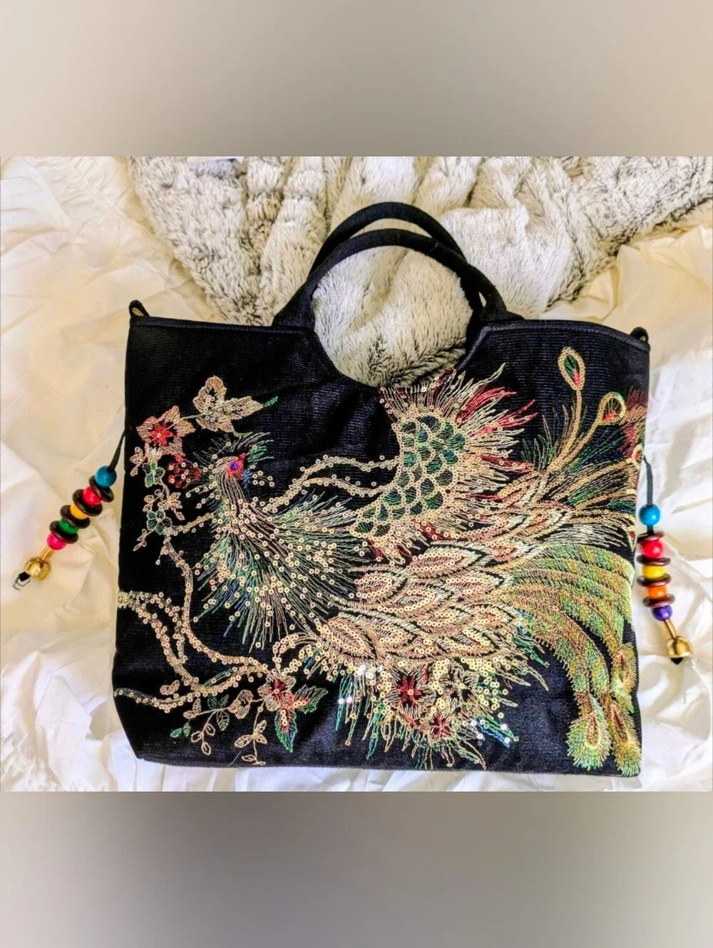 Black Embroidered Peacock Tote Bag